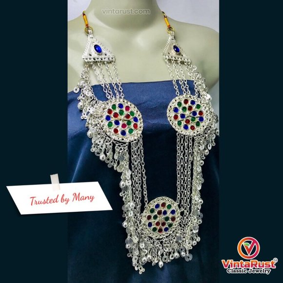 Multilayers Silver Bib Necklace With Dangling Tassels and Three Big Motifs - Picture 4 of 10